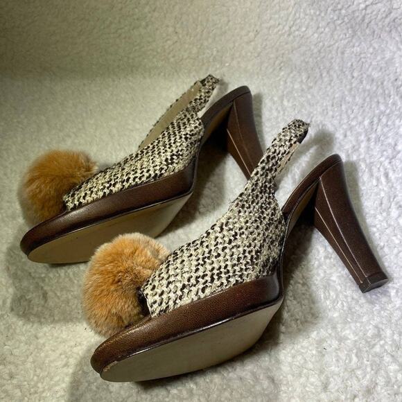 Via Condotti Women's Size 8.5 Slingback Heels Brown Tweed Peach Pompoms - Picture 7 of 12